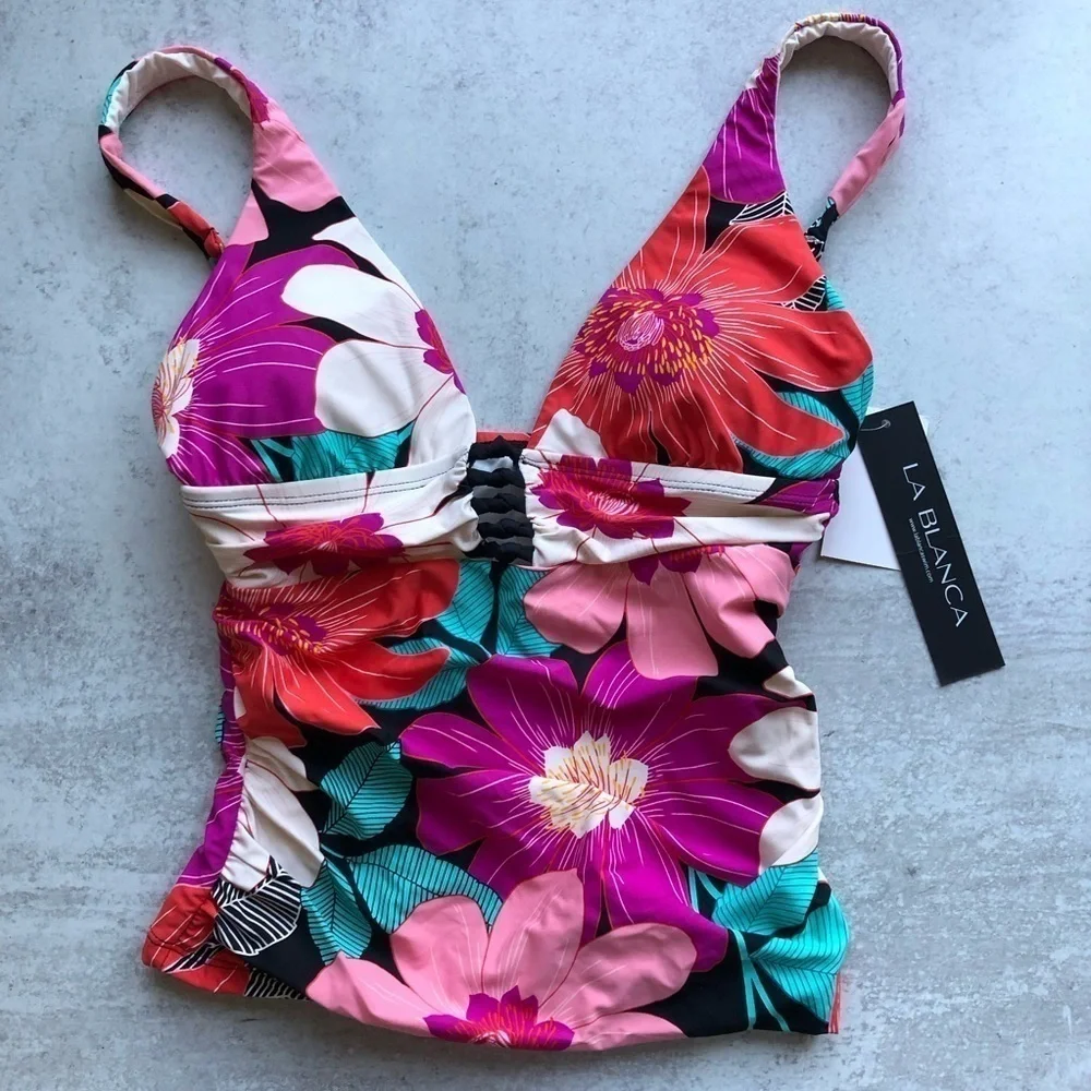 La Blanca Floral Plunge Knot Detail Tankini Top Pink Multicolored Size 4